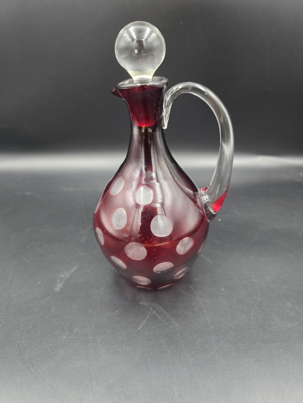 Handcrafted Ruby Red Polka Dot Glass Cruet with Clear Handle and Stopper